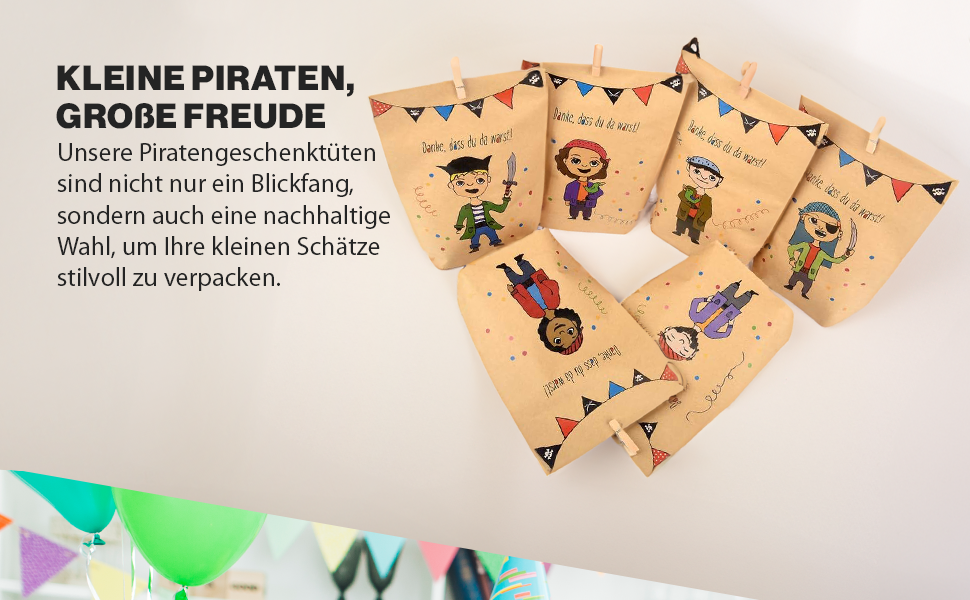 ewtshop 12 Piratengeschenktüten + Mini-Holzwäscheklammern, Mitgebsel, 6 Motive