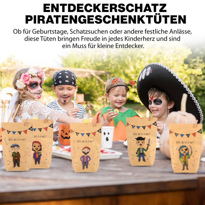 ewtshop 12 Piratengeschenktüten + Mini-Holzwäscheklammern, Mitgebsel, 6 Motive
