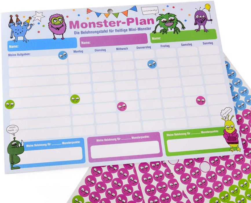 ewtshop® Monster Belohnungstafel Abreisblock, 28,7x21,3 cm, mit 450 Aufklebern, Belohnungssystem für bis zu 3 Kinder - ewtshop
