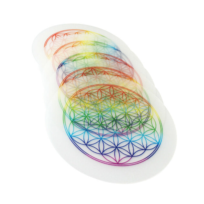 ewtshop 5 x Untersetzer aus stabilem Kunststoff Blume des Lebens, Regenbogenfarbe