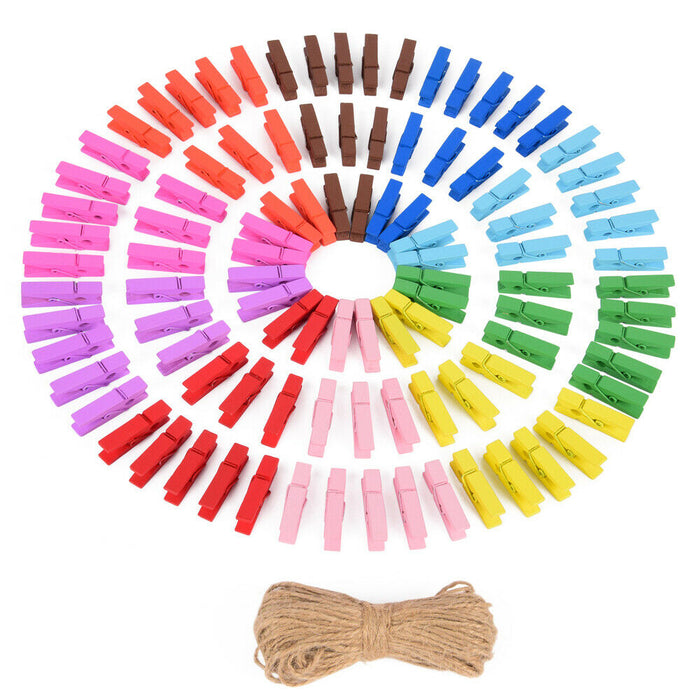 100 bunte Mini-Wäscheklammern, 10 verschiedene Farben, mit 20 m Juteschnur - ewtshop