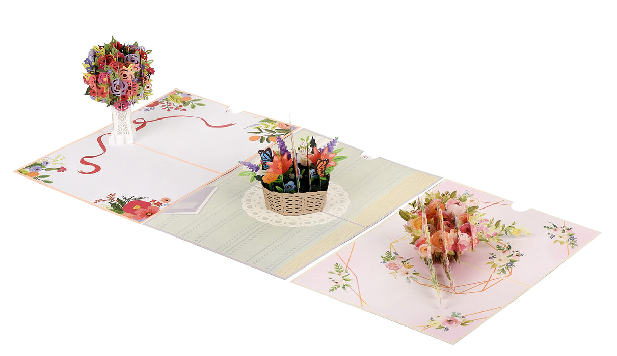 ewtshop® Grußkarten, Blumenfreuden, 3er Set Pop-Up Karte Blumen mit Bunter Blumenkorb 3D Blumenkarte Pop up Karte
