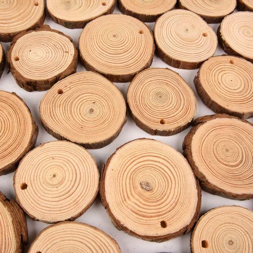 ewtshop® 30 Stück Holzscheiben, 6-7 cm Durchmesser, 10 m Juteschnur, mit Loch, für Bastelarbeitenm, als Dekoration - ewtshop