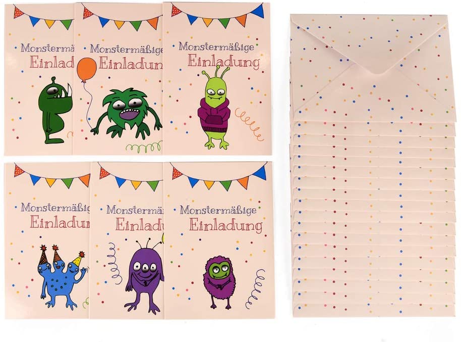 ewtshop® Monster Einladungskarten Set, 18 Einladungskarten + 18 passende Umschläge, braune Karten mit 6 verschiedenen Monstermotiven - ewtshop