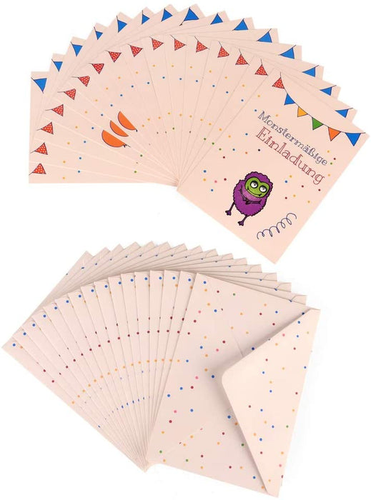 ewtshop® Monster Einladungskarten Set, 18 Einladungskarten + 18 passende Umschläge, braune Karten mit 6 verschiedenen Monstermotiven - ewtshop