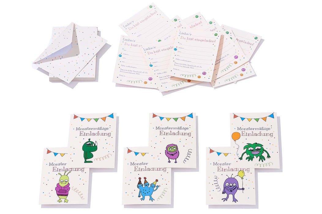 ewtshop® Monster Einladungskarten Set, 18 Einladungskarten + 18 passende Umschläge, braune Karten mit 6 verschiedenen Monstermotiven